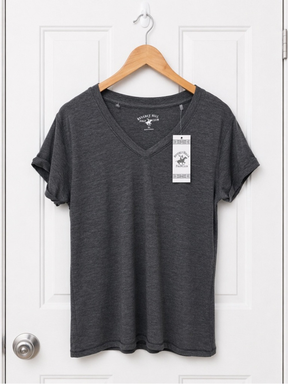 Beverly Hill Polo Club Womens XL V-Neck T-Shirt Charcoal Grey Rolled Sleeve Tee